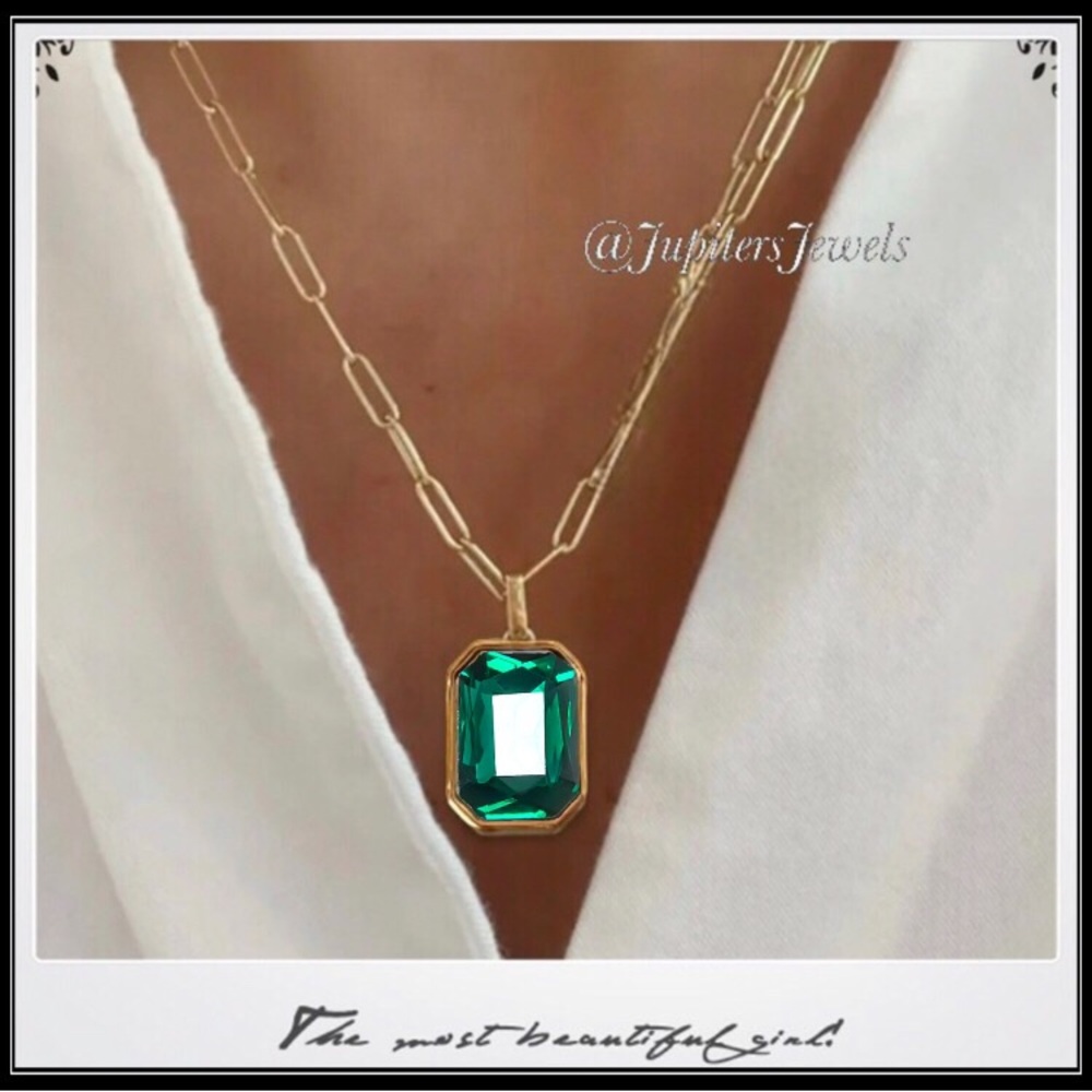 14k Gold Crystal Cut Emerald Minimalist Paperclip Necklace